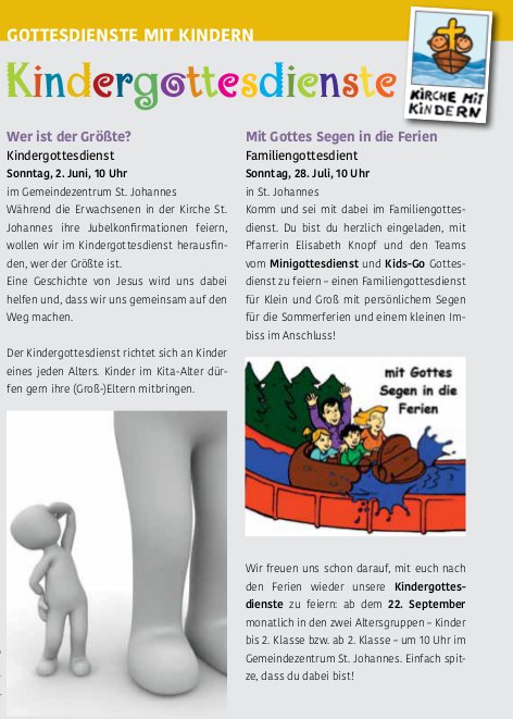 Kindergottesdienste: Siehe Gemeindebrief
